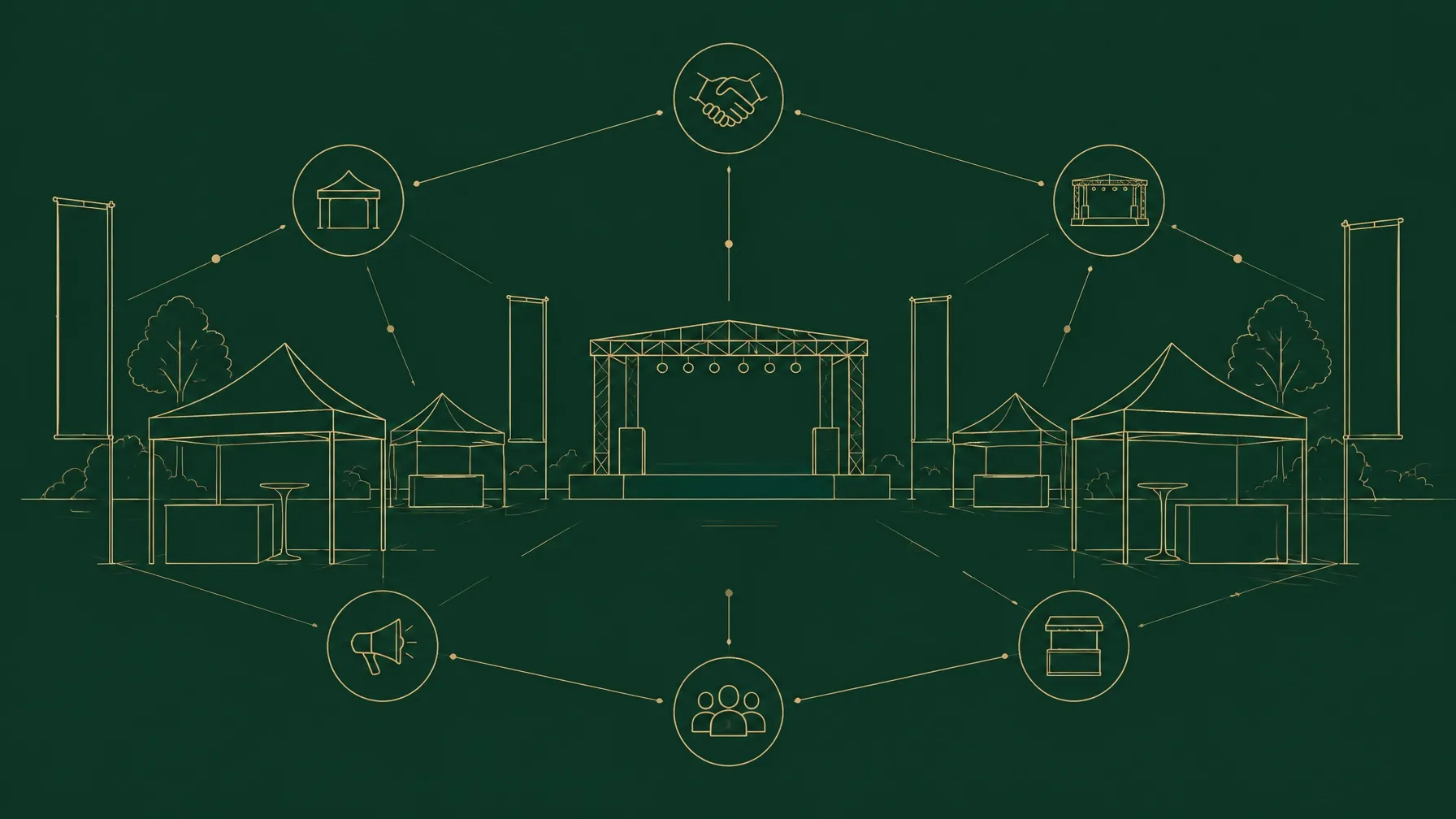 Gold line-art of partner canopies and banners connected like a network — placeholder for an activation photo