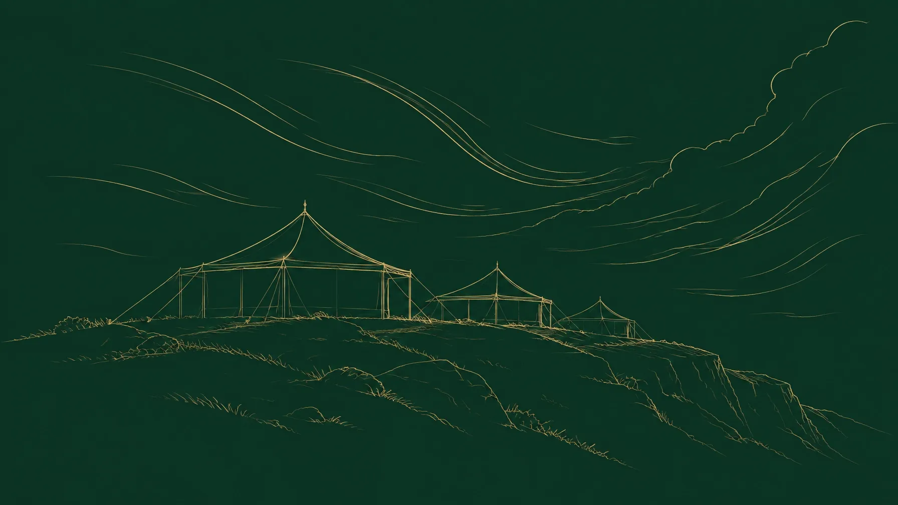 Gold line-art of event tents on a ridge under storm winds — placeholder for a Canna Camp photo