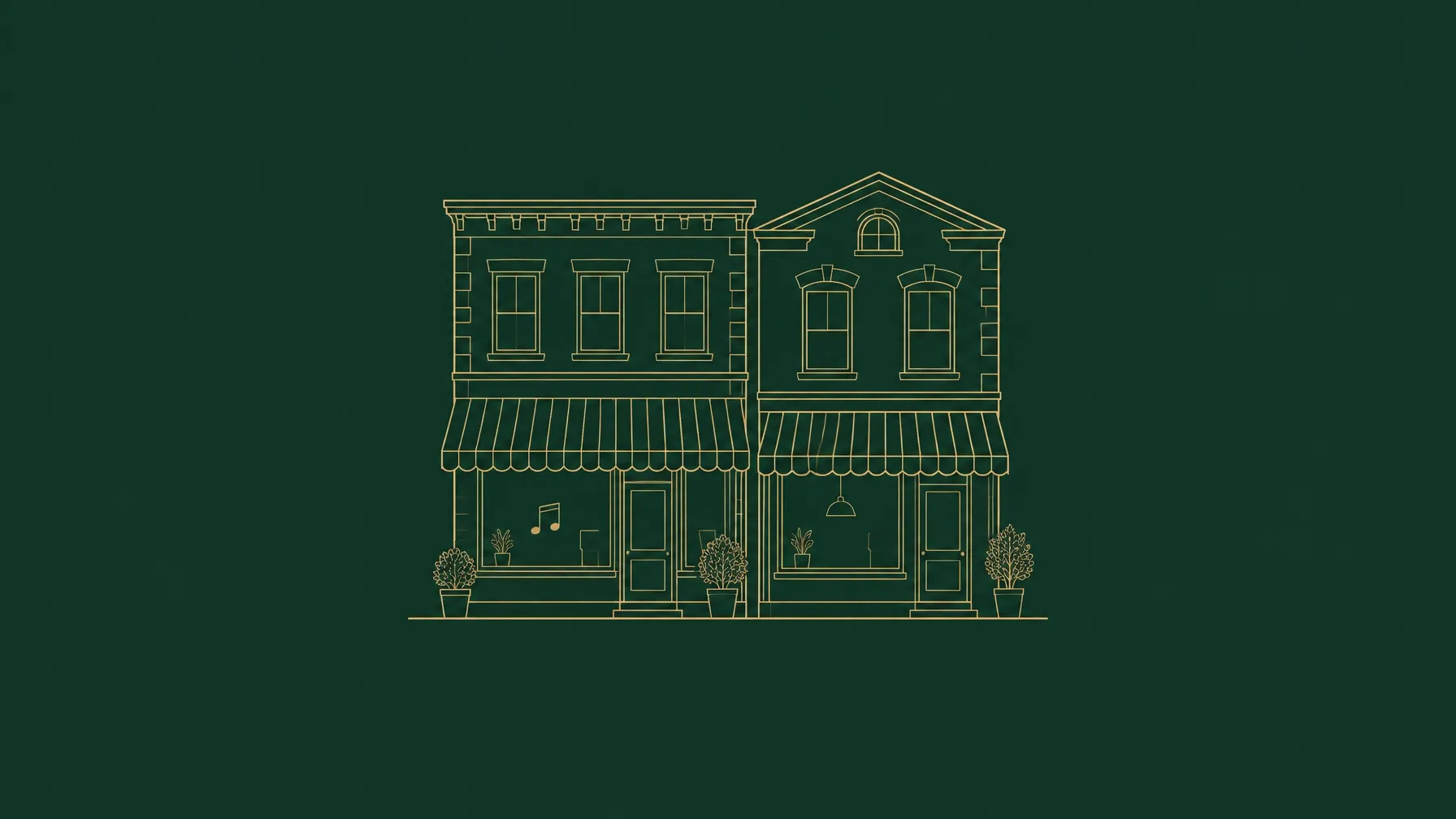 Gold line-art of two storefront buildings with an awning — placeholder for a venue photo