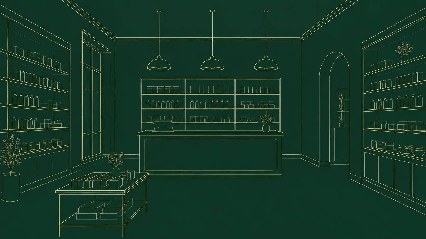 Gold line-art of a retail counter and shelves — placeholder for a store photo