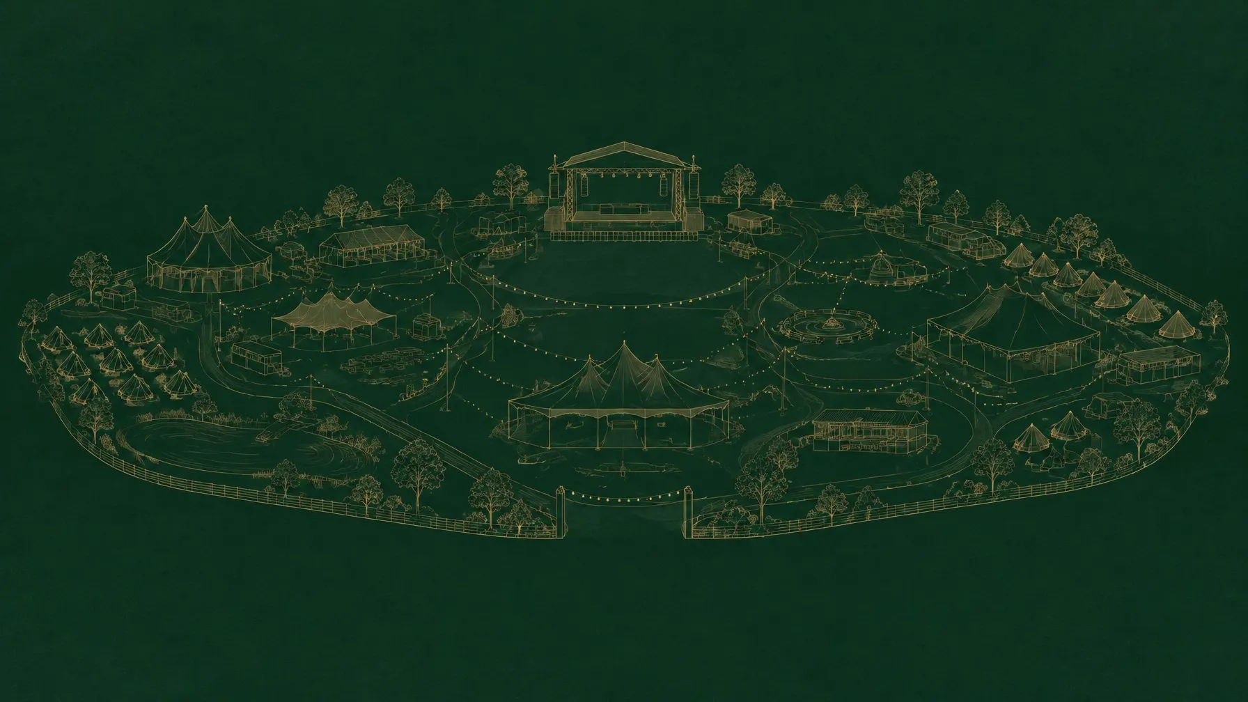 Gold line-art sketch of festival grounds on a deep green field — placeholder for an upcoming photo
